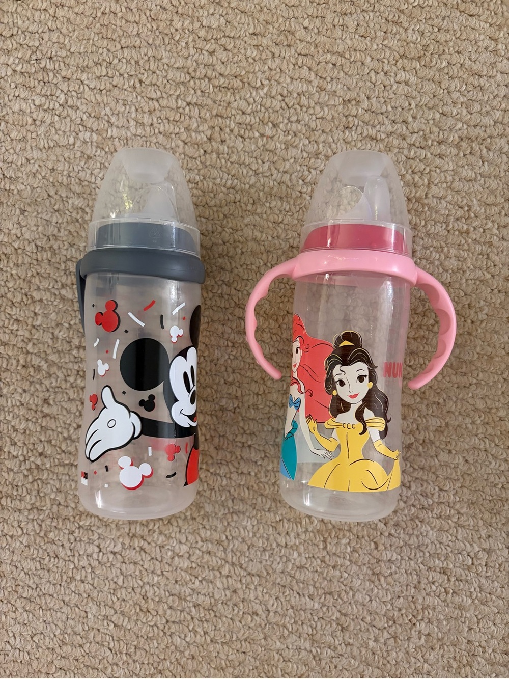 Disney Mickey Mouse & Princesss Pink and Gray Sippy Bottles